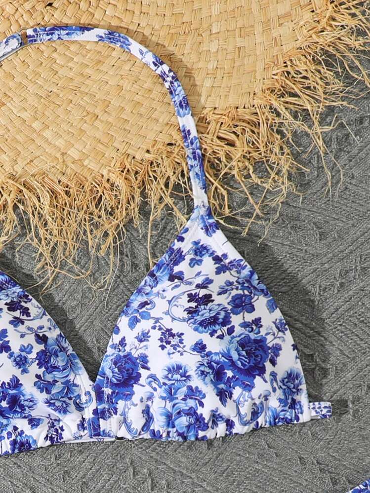 SHEIN Teen Girl  Summer Beach 3packs Floral Print Halter Triangle Bikini & Beach Skirt,3 Piece Swinwear - Multicolor - View 3