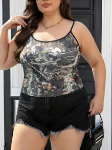 Camiseta sin mangas casual con estampado de ramas de árbol para mujer talla grande