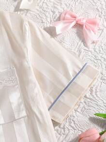 2 件青少年女孩休闲条纹提花短袖上衣和短裤家居服套装 - 香檳色 - 查看 4