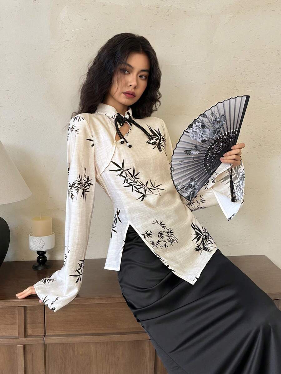 EastFlair 女式立领长袖印花休闲衬衫，配人造珍珠装饰 - 杏色 - 查看 1