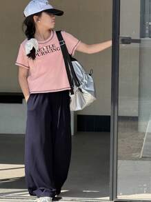 DAZY 2 件套青少年女孩字母印花短袖 T 恤和裤子套装，返校服装 - 粉色 - 查看 5