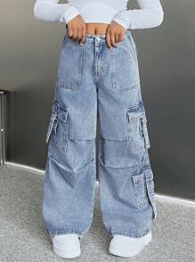 SHEIN Tween Girl's Y2K Loose Casual Denim Jeans With Pockets, Pleats, And Wide-Legged Design,Girls Casual Button,Pocket,Zipper Drop Waist Wide Leg Long Blue Loose Girls Jeans,Fall/Winter,Casual Daily Wear - Light Wash - View 6