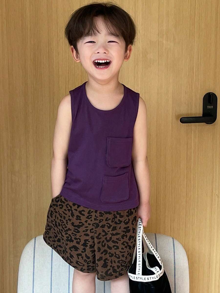 DAZY 2 件套 男童纯色口袋背心和豹纹短裤套装 - 紫色 - 查看 1