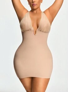 SHEIN Shape Plus Size Shaping Plunge Deep-V Shapewear Slip Body Shaper Butt Lifter With Adjustable Straps-Tummy Waist Thigh Control