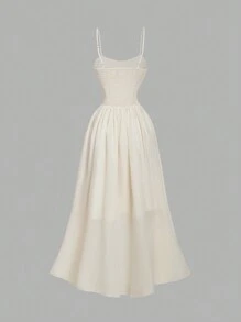 SHEIN MOD Vestido largo romántico de color albaricoque con decoración de encaje, cuello cuadrado y tirantes frontales, ideal para fiestas, cumpleaños, vacaciones, té, citas y eventos especiales para mujeres - Albaricoque - Ver 2