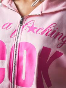 SUMWON WOMEN Sudadera con cremallera completa, con texto estampado atrevido, de estética Y2K sobredimensionada, prenda de abrigo de invierno, de uso casual, de estilo urbano, para festivales, fiestas y clubes