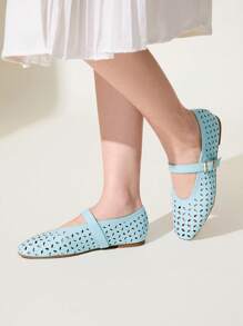 CUCCOO CHICEST Women's Summer Light Blue Round Toe Comfortable Mary Jane Retro Minimalist Laser Floral Flat Shoes Spring Shoes Spring Break Easter - Ice Water - View 5