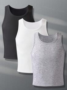 3件套纯色无袖内衣，青少年男童款，简约内搭/外穿，柔软棉质，运动休闲风，夏季旅行 - 彩色 - 查看 4