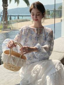 DAZY Elegant Vacation Blouse, Spring/Summer, Lantern Sleeve, Floral Printed, Lace-Up Women Shirt Long Sleeve Top - Blue - View 7