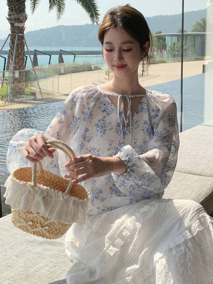 Elegant Vacation Blouse, Spring/Summer, Lantern Sleeve, Floral Printed, Lace-Up Women Shirt Long Sleeve Top Boho