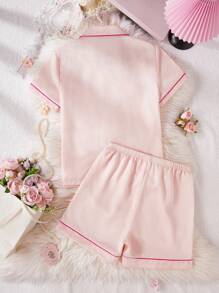 2 件套青少年女孩简约粉色缎面面料短袖短裤舒适家居服 - 粉色 - 查看 2