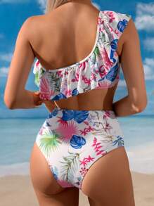 Conjunto de bikini con control de barriga y volantes asiméricos, traje de baño para vacaciones de verano en la playa