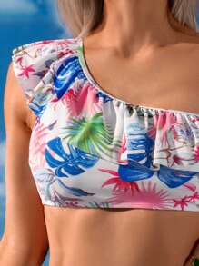 Conjunto de bikini con control de barriga y volantes asiméricos, traje de baño para vacaciones de verano en la playa