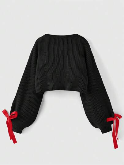 Kawaii Cardigan tricoté avec nœud décoratif, manches bouffantes, style doux et mignon pour les filles
