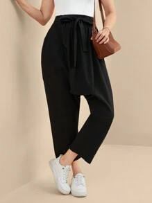 EMERY ROSE Women's Solid Color Casual Loose Knotted Waist Harem Pants Fall Cloth For Women - Black - View 3