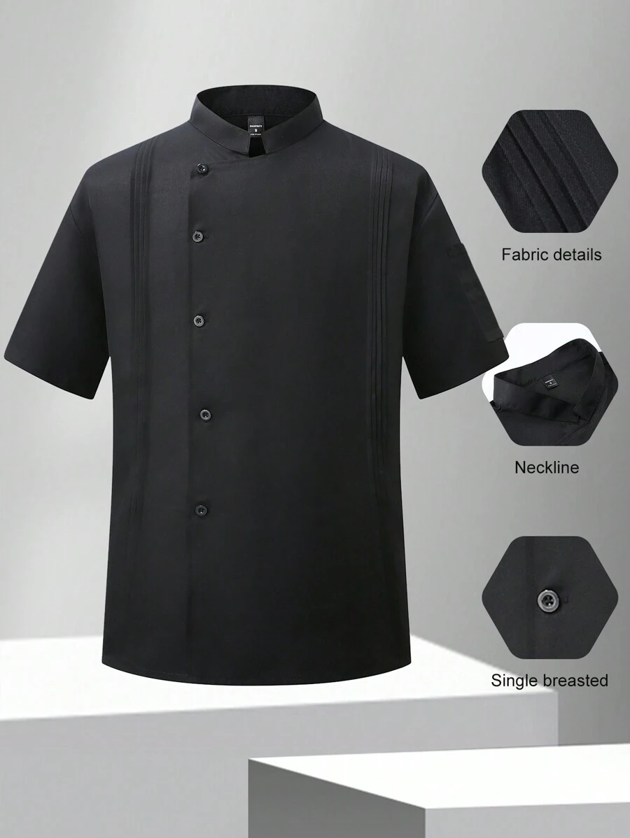 Manfinity Homme Men's Solid Color Stand Collar Short Sleeve Single-Breasted Chef Shirt, Short Sleeve Chef Jacket - Black - View 1