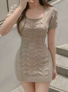 DAZY 女士粗针织短袖迷你毛衣裙，驼色，春夏 - 駝色 - 查看 5