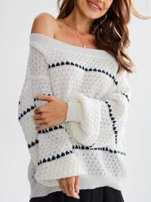 SHEIN LUNE Suéter de capa base cómodo y cálido para mujer, con cuello redondo, manga farol de hombro caído, bloques de color, rayas y textura, para uso casual, commuter, elegante y al aire libre en otoño/invierno - Multicolor - Ver 5