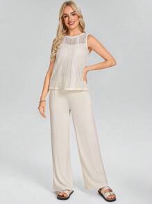 SHEIN LUNE Beach Western Wear Women 2pcs Women Set: Round Neck Hollow Out Vest And Long Pants - Apricot - View 3