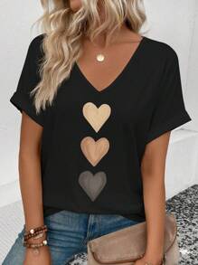 SHEIN Women's V-Neck Ruffle Sleeve, Ombre Heart Graphic Casual Versatile T-Shirt, Spring/Summer - Black - View 1