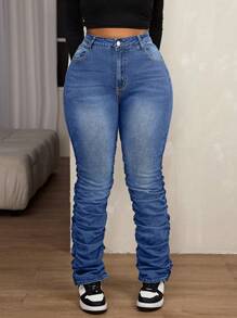 SHEIN SXY Plus Size Skinny Stretch Jeans With Extended Hem Design - Medium Wash - View 4