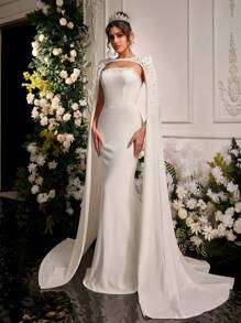 Glamrae 优雅、奢华的水钻装饰弹力针织美人鱼可拆卸尾巴婚纱，适合婚礼、派对、度假、庆典、新娘 - 米色 - 查看 4