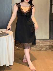 Dazy Petite Plus Sexy Lace Patchwork Deep V-Neck Home Dress, Black, Spring/Summer - Black - View 4