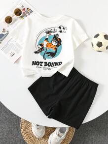 SHEIN 2 Stücke Baby Jungen/Mädchen Outfit mit Fußball- und Katzen-Grafik, Rundhals Kurzarm T-Shirt und schwarze Hose, geeignet für Frühling & Sommer