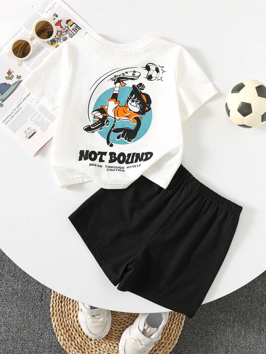 SHEIN 2 Stücke Baby Jungen/Mädchen Outfit mit Fußball- und Katzen-Grafik, Rundhals Kurzarm T-Shirt und schwarze Hose, geeignet für Frühling & Sommer