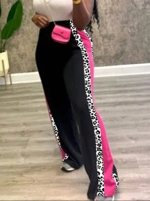 INAWLY Women's Casual Leopard Print Patchwork Wide Leg Sweatpants, Suitable For Autumn/Winter