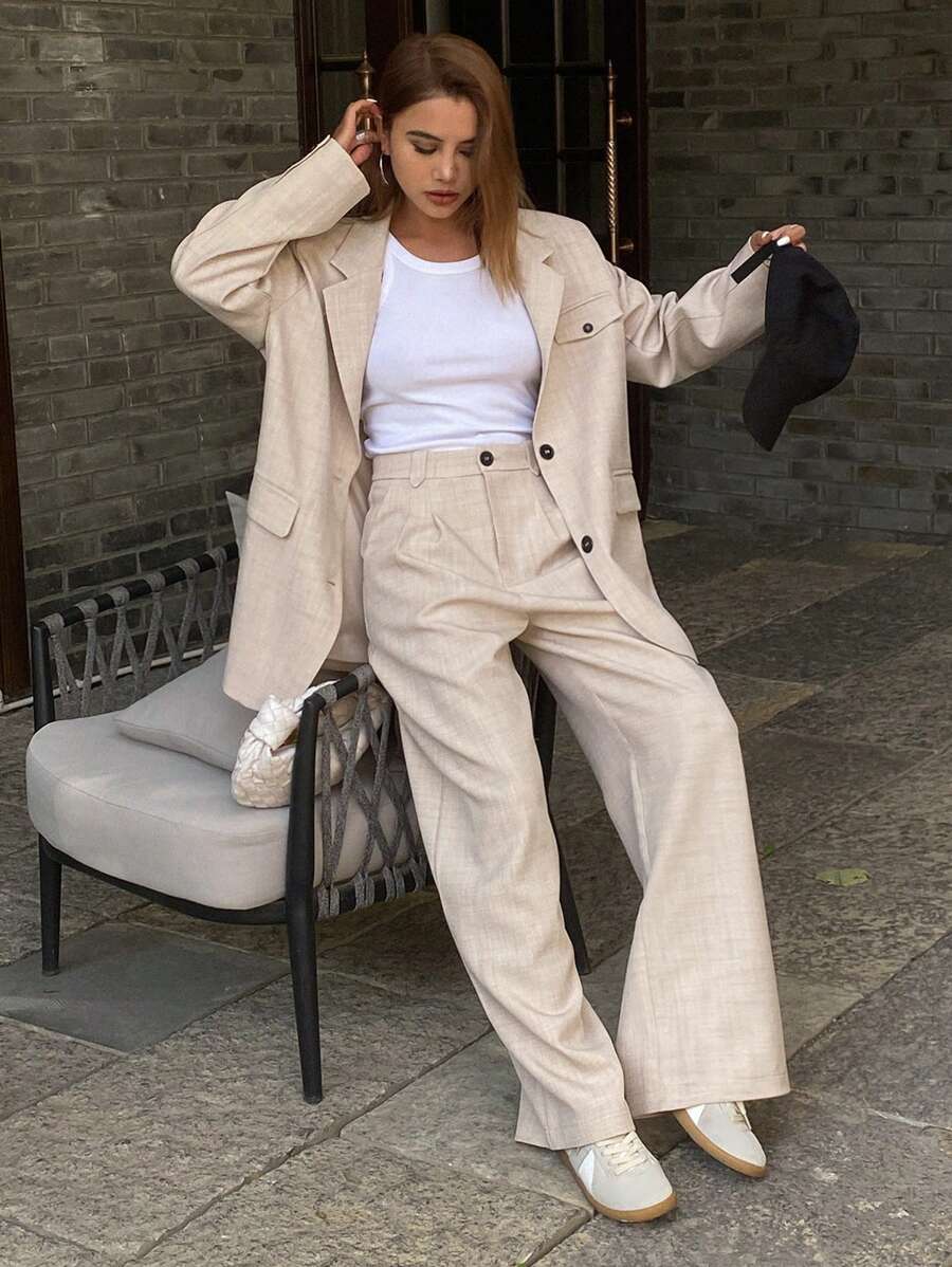 DAZY Relaxed Lapel Pocket Long Sleeve Blazer Jacket And Wide Leg Pants Spring Elegant Lady Suit Set,Fall Clothes Business Attire - Apricot - View 1