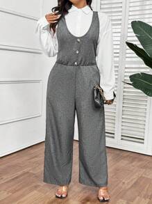 SHEIN Frenchy Plus Size Women Retro Casual Simple Front Button Jumpsuit - Grey - View 5