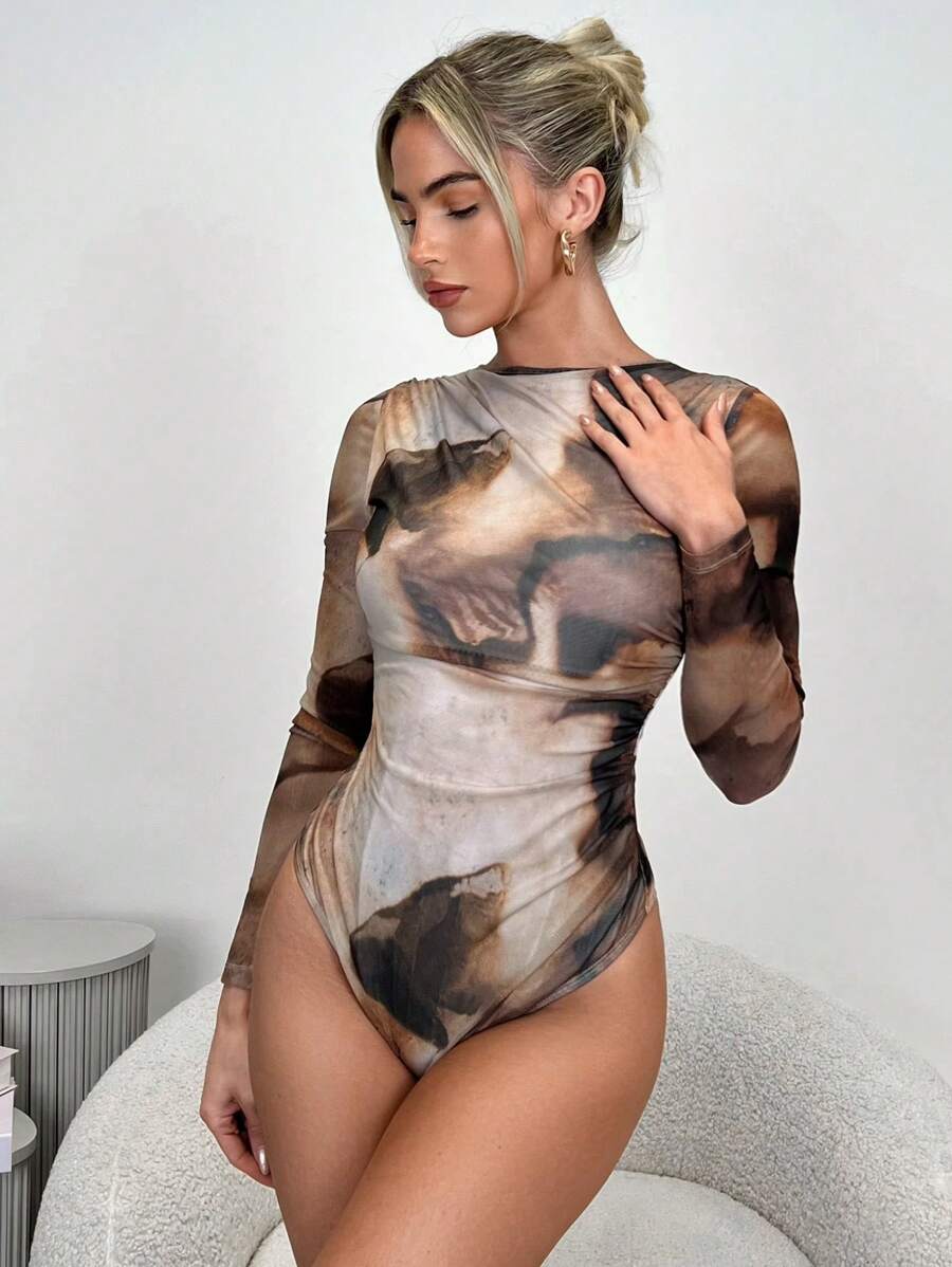 SHEIN Privé Mono elegante y romántico de estilo fashion para mujer, adecuado para fiestas, vacaciones, vuelta al colegio, citas románticas y bodas, con estampado teñido anudado y manga larga - Multicolor - Ver 1