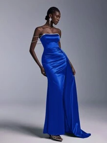 Elitara 优雅露肩串珠领口和袖子，泡泡下摆，侧褶，高开叉，女士美人鱼晚礼服（重磅款式）正式舞会婚礼宾客礼服，适合毕业典礼、晚宴 - 寶藍色 - 查看 5