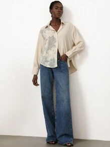 SHEIN Privé 女士 3D 花卉蕾丝拼接设计优雅衬衫 - 杏色 - 查看 3