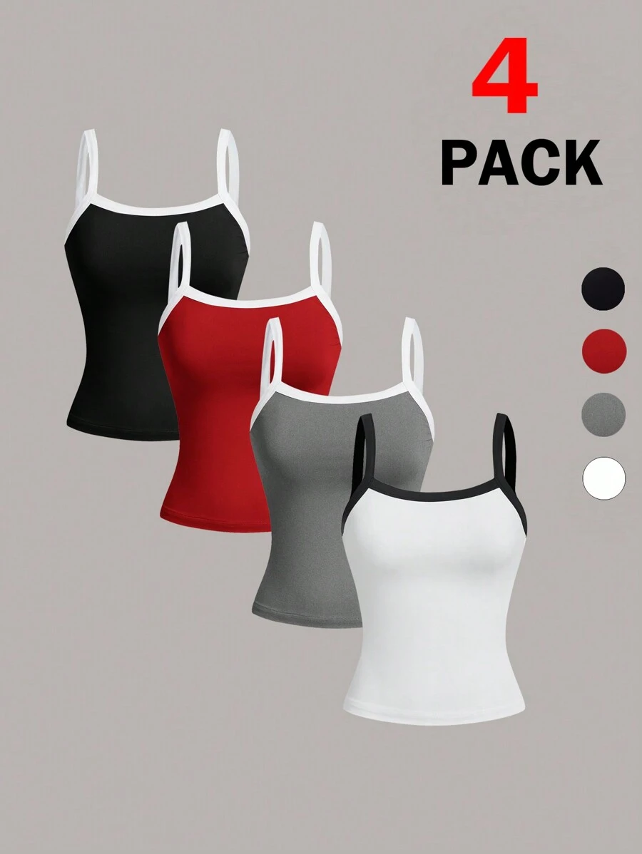 SHEIN Essnce Ladies' Summer Sporty Trainning Color-Block Casual Camisole , 4 Packs Tank Top , Knit Tank Top Tennis Top - Red - View 1