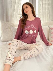 SHEIN 2 件青少年女孩休闲印花长袖上衣和裤子家居服套装，浅灰色-紫色 - 淺灰紫 - 查看 5
