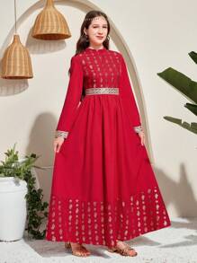 SHEIN Elegant Red Foil Leaf Pattern Maxi Dress For Teen Girls, With Gold Woven Belt Decor - Red - View 6