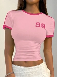 Flirla 女士修身短袖撞色边饰数字印花 T 恤，粉色上衣，夏季图案 T 恤，女式上衣 - 彩色 - 查看 4