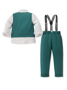 3-Piece Gentleman Suit For Young Boys, Includes Soft Woven Polka Dot Printed Long Sleeve Shirt, Green Vest, And Casual Suit Pants, With A Stylish Bow Tie. This Fashionable Set Is Suitable For Daily Casual Wear, Festivals, Parties, Birthdays, Weddings, Halloween, Christmas, Thanksgiving Celebrations, Formal Occasions, And Performances. - Multicolor - View 2