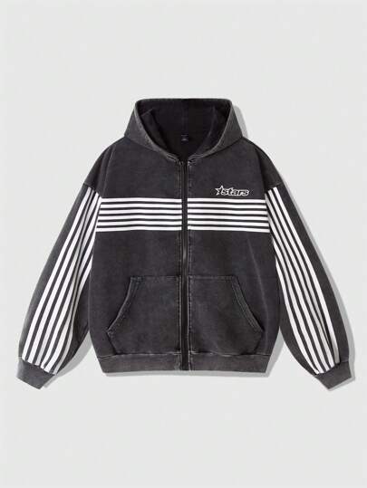 Men's Solid Color Zip-Up Patchwork Long Sleeve Pocket Hoodie, Casual & Simple Design