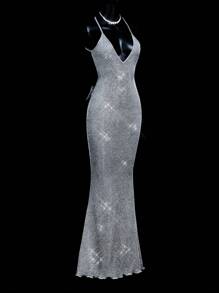 SHEIN ICON Sparkling Silver Crystal Diamond Dress For Women: Mermaid Style Formal Evening Gown,Prom Dress