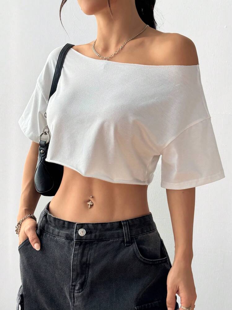 StreetHx Crop top asimétrico blanco para mujer, camiseta corta de manga corta con bordes deshilachados de moda chiclook oversized y2k, adecuada para primavera/verano - Blanco - Añade 5