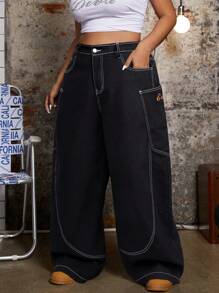 SHEIN ICON 大码女式喇叭腿休闲牛仔裤，带外露缝线 - 黑色 - 查看 7