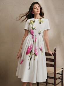 Anewsta French Vintage Romantic Rose Floral Print Round Neck Short Sleeve A-Line Dress For Women