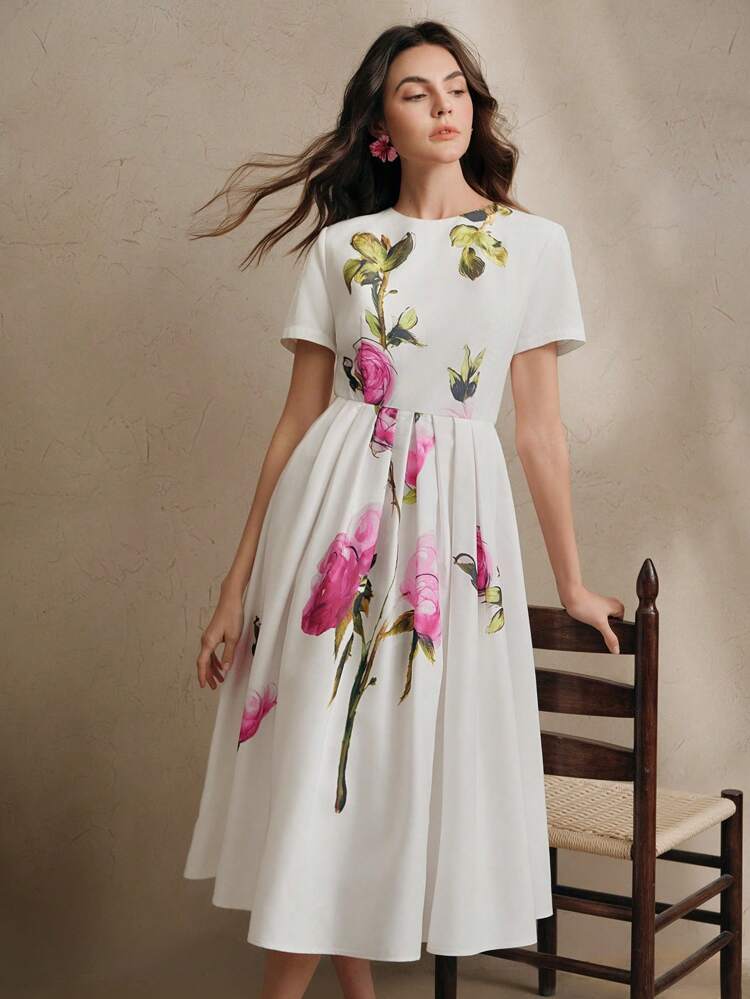 French Vintage Romantic Rose Floral Print Round Neck Short Sleeve A-Line Dress For Women