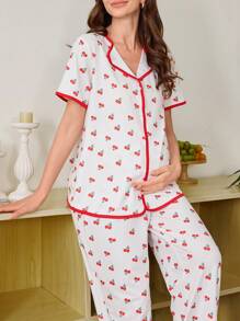 Moonlight&Mama 撞色饰边领口樱桃印花孕妇短袖哺乳睡衣套装 - 彩色 - 查看 4
