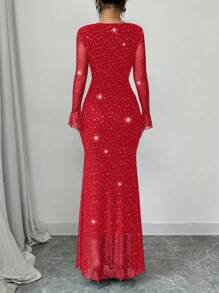 Rafferiza Elegant Party Asymmetric Neck Pleated Front & Side Bodycon Mermaid Hem Long Sleeve Flare Cuff Dress For Women In Black, Autumn/Winter, Jacquard Knit Mesh Fabric With Silver Foil Maxi Women Outfit Fall Cloth For Women - Red - View 2