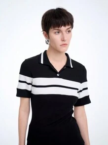 SHEIN Clasi 女士黑白撞色短袖休闲针织 T 恤 - 黑與白 - 查看 5