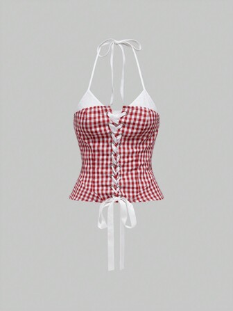 Kawaii Cute Neck Tie Contrast Lace Plaid Tank Top